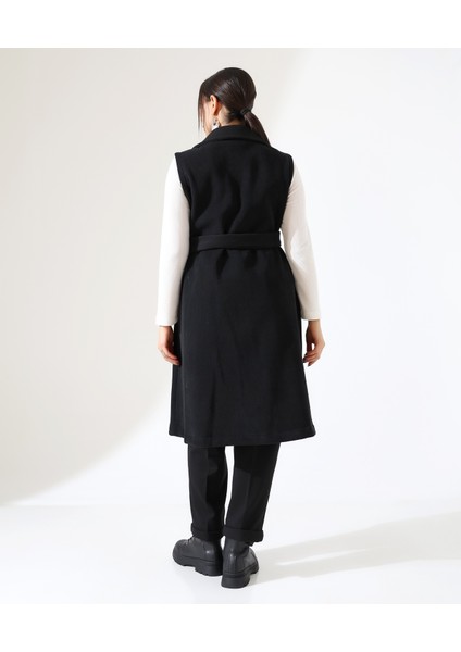 Kadın Çift Cep Bağlamalı Uzun Yelek