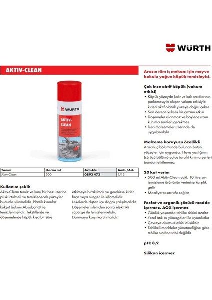 Würth Araç Içi Temizleme Köpüğü 500ML Leke Çıkarıcı Active-Clean Temizleyici Köpük modelleri
