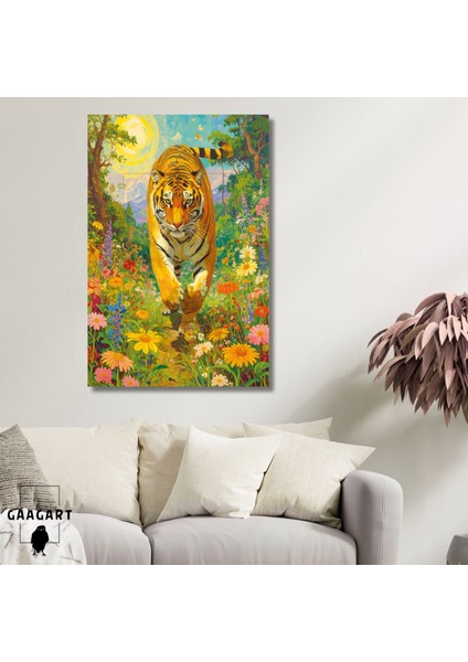 Tekli Dikey Kanvas Tablo Çiçekli Renkli Yürüyen Leopar