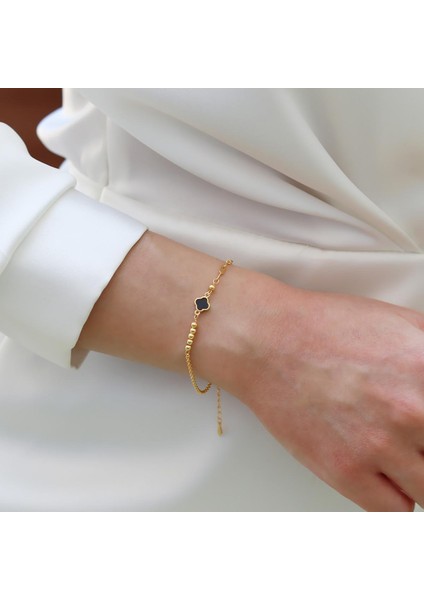 Yonca Siyah Mineli Trend Gold Gümüş Bileklik fiyatları