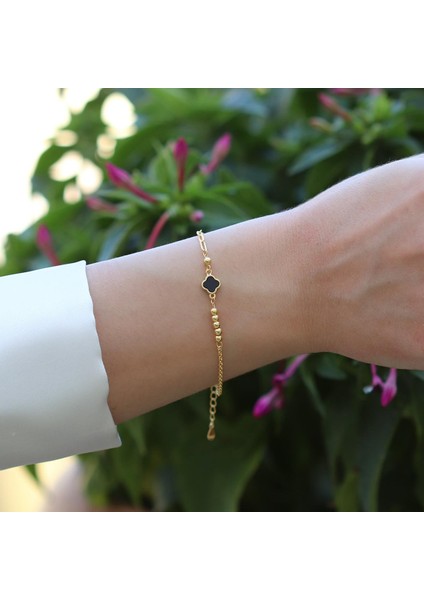 Yonca Siyah Mineli Trend Gold Gümüş Bileklik modelleri