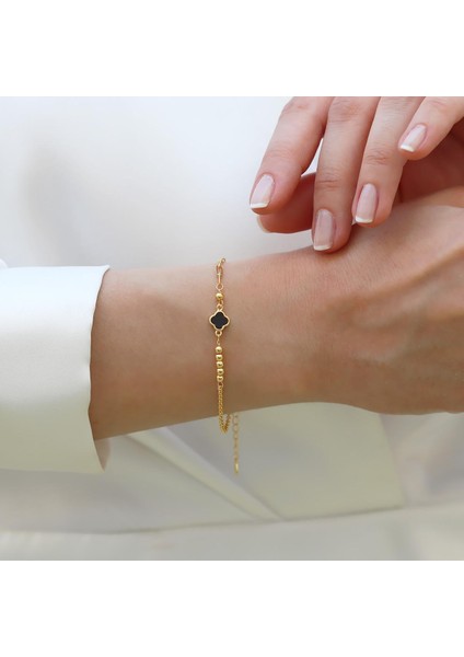 Yonca Siyah Mineli Trend Gold Gümüş Bileklik fırsatları