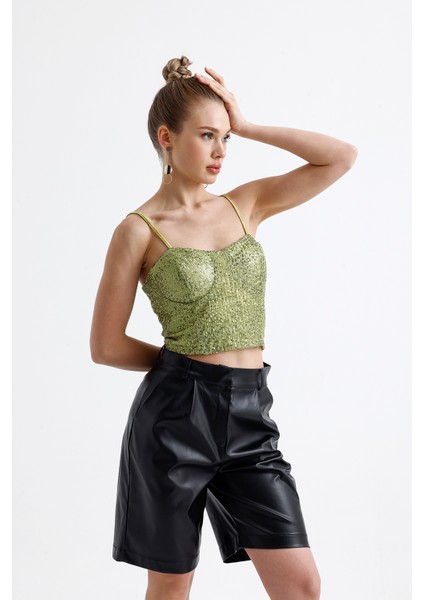 Gloplu Arkası Fermuarlı Payet Bustiyer BST33154 Fıstık Yeşili