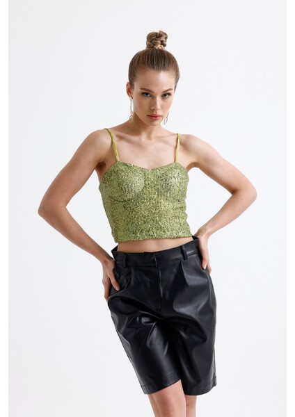 Gloplu Arkası Fermuarlı Payet Bustiyer BST33154 Fıstık Yeşili modelleri