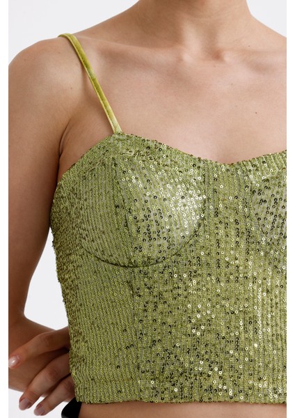 Gloplu Arkası Fermuarlı Payet Bustiyer BST33154 Fıstık Yeşili fırsatları