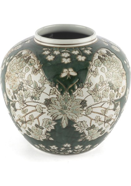 Yeşil Beyaz Kelebekli Vazo 25X21CM