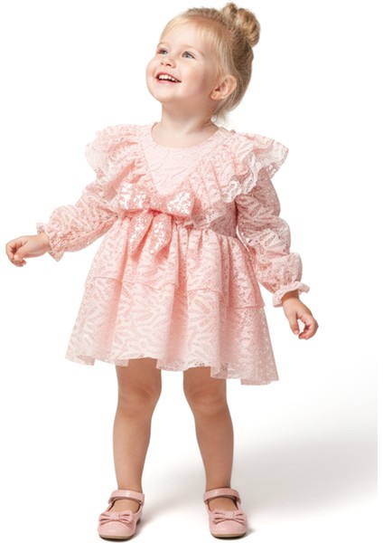 Kız Bebek Elbise Kız Çocuk Elbise Yakalı Doğum Günü Parti Düğün Özel Gün Uzun Kol Fiyonklu Astarlı