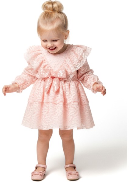 Kız Bebek Elbise Kız Çocuk Elbise Yakalı Doğum Günü Parti Düğün Özel Gün Uzun Kol Fiyonklu Astarlı indirimleri