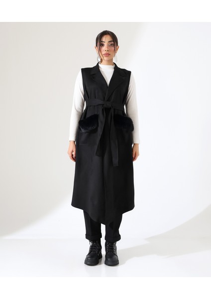 Kadın Kürk Detay Çift Cep Uzun Yelek