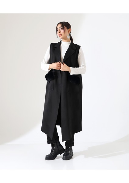 Kadın Kürk Detay Çift Cep Uzun Yelek fiyatları