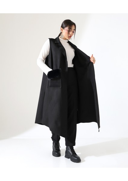 Kadın Kürk Detay Çift Cep Uzun Yelek modelleri