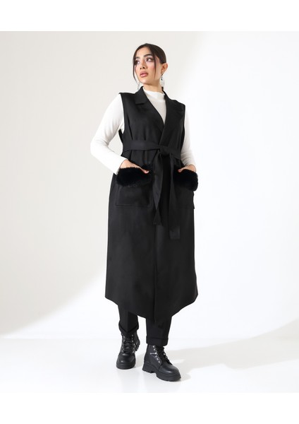 Kadın Kürk Detay Çift Cep Uzun Yelek fırsatları