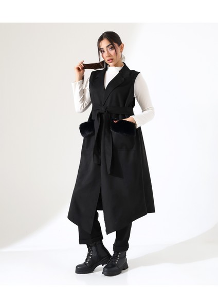 Kadın Kürk Detay Çift Cep Uzun Yelek indirimleri