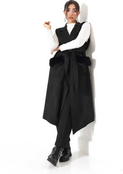 Kadın Kürk Detay Çift Cep Uzun Yelek