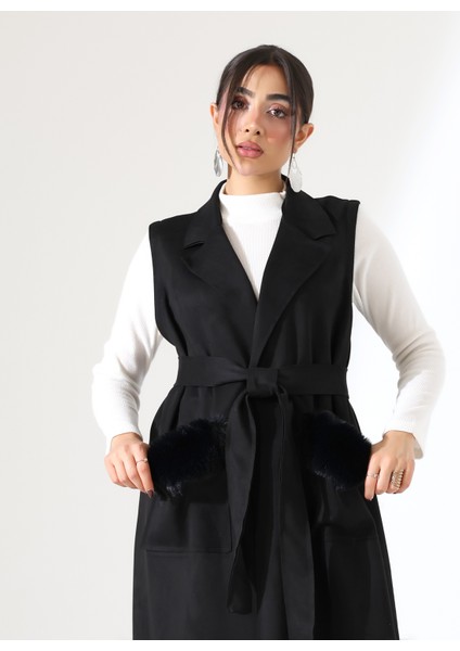 Kadın Kürk Detay Çift Cep Uzun Yelek