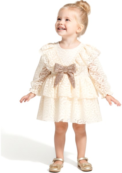 Kız Bebek Elbise Kız Çocuk Elbise Yakalı Doğum Günü Parti Düğün Özel Gün Uzun Kol Fiyonklu Astarlı