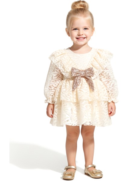 Kız Bebek Elbise Kız Çocuk Elbise Yakalı Doğum Günü Parti Düğün Özel Gün Uzun Kol Fiyonklu Astarlı indirimleri