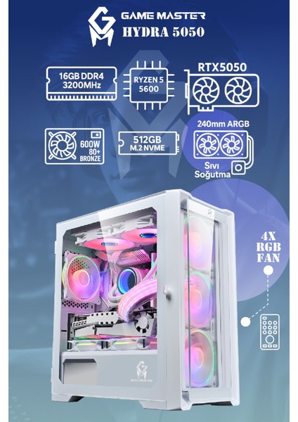 Hydra 5050 Ryzen 5 5600 Cpu 16GB Ram 512GB Nvme SSD RTX5050 4x Rgb Fan Sıvı Soğutuculu Gaming Pc