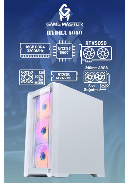 Hydra 5050 Ryzen 5 5600 Cpu 16GB Ram 512GB Nvme SSD RTX5050 4x Rgb Fan Sıvı Soğutuculu Gaming Pc fiyatları