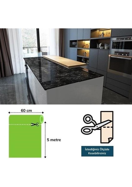 Mermer Desenli Masa Tezgah Mutfak Su Geçirmez Yapışkanlı Folyo Sticker Siyah 5x0,6m