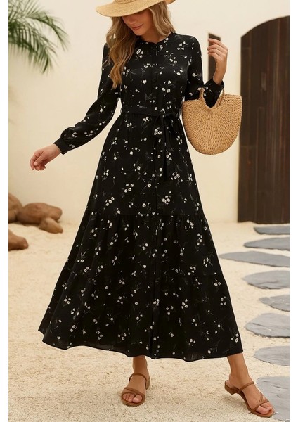 Mdb Kadın Uzun Kollu Hakim Yakalı Düğmeli Kuşaklı Desenli Maxi Mikro Süprem Elbise