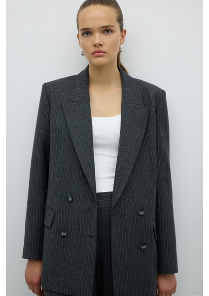 Lurex Çizgili Yün Karışımlı Kruvaze Ceket Gri K2616015_004