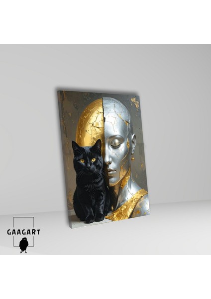 Tekli Dikey Kanvas Tablo Siyah Kedi ve Gold Gümüş Kadın Silüeti fiyatları