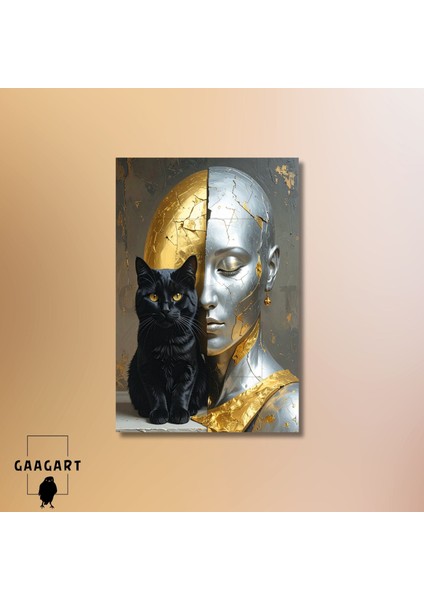 Tekli Dikey Kanvas Tablo Siyah Kedi ve Gold Gümüş Kadın Silüeti modelleri