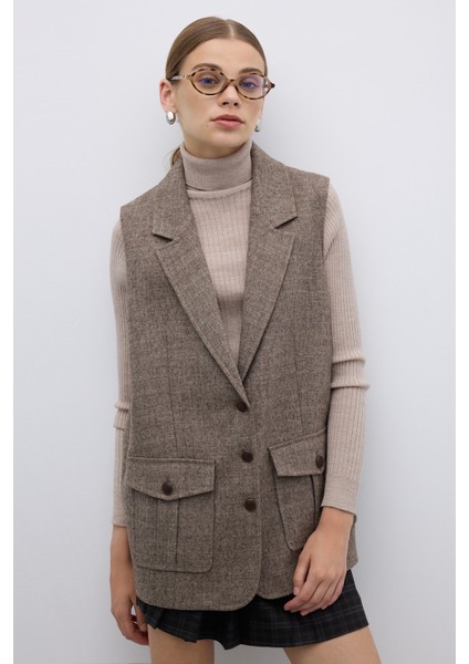 Yün Karışımlı Çift Cepli Yelek Kahve K2617013_005