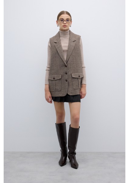 Yün Karışımlı Çift Cepli Yelek Kahve K2617013_005 fırsatları