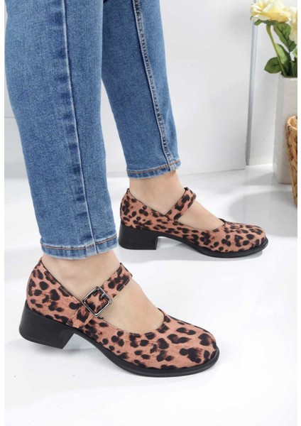 Leopar Topuklu Tek Bant Kadın Babet