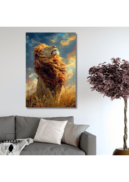Tekli Dikey Kanvas Tablo Yeleleri Uçuşan Karizmatik Aslan