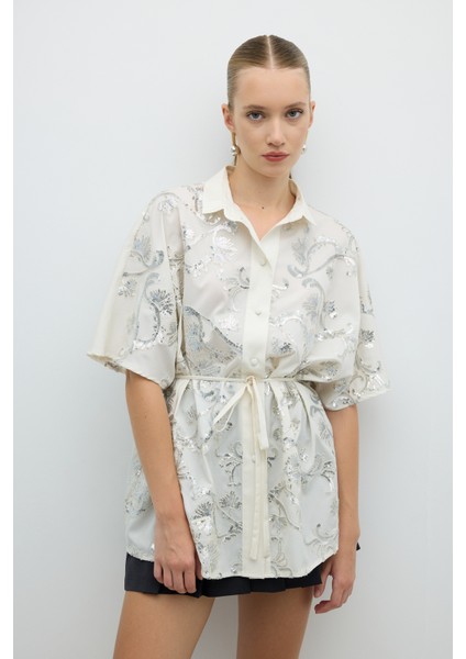 Beli Kuşaklı Payet Nakışlı Gömlek Krem K2613528_047
