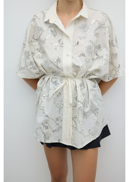 Beli Kuşaklı Payet Nakışlı Gömlek Krem K2613528_047 modelleri