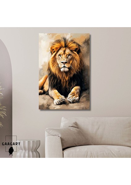 Tekli Dikey Kanvas Tablo Oturan Karşıdan Klasik Aslan