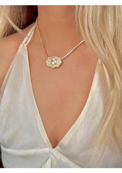 Çelik Dönmeyen Su Yolu Kolye Zirkon Taşlı Kolye