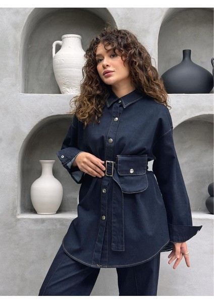 Seyyar Kemer ve Çanta Detaylı Ikili Kadın Kot Takım | Pantolonlu Tesettür Uyumlu Jean Takım