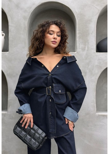 Seyyar Kemer ve Çanta Detaylı Ikili Kadın Kot Takım | Pantolonlu Tesettür Uyumlu Jean Takım modelleri