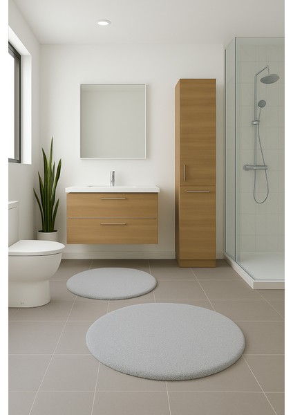 2'li Açıkgri Yuvarlak Yumuşak Kaymaz Taban Peluş Yıkanabilir Banyo Oturma Odası HALI(60X60 ve 80X80)
