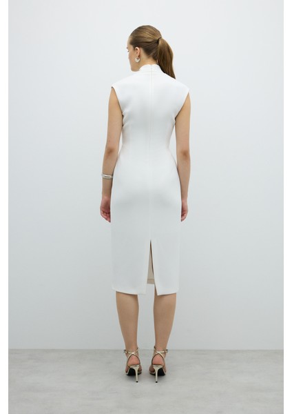 V Yaka Cup Detaylı Midi Boy Elbise Beyaz K2611505_002 fiyatları