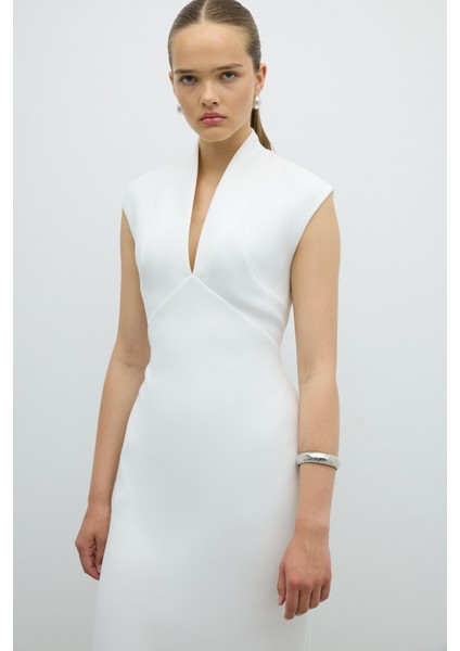 V Yaka Cup Detaylı Midi Boy Elbise Beyaz K2611505_002 modelleri