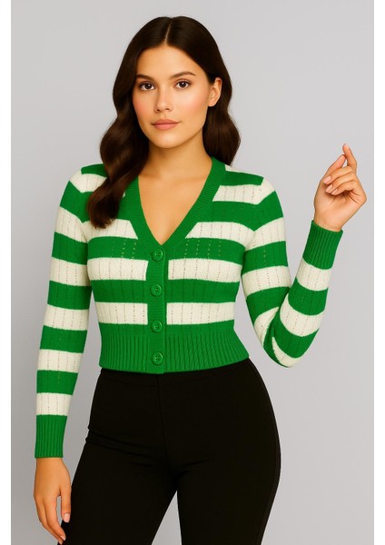 Kadın Önü Düğmeli ve Çift Renkli Triko Hırka