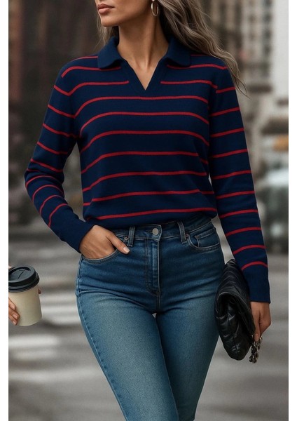 Mdb Kadın Uzun Kollu V Yaka Çizgili Triko Bluz modelleri