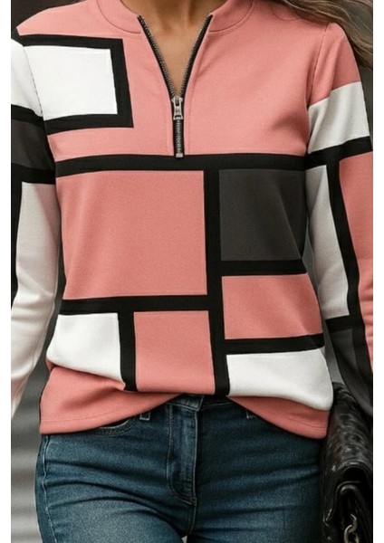 Kadın Uzun Kollu Yakadan Fermuarlı Desenli Şardonlu Dalgıç Bluz fiyatları