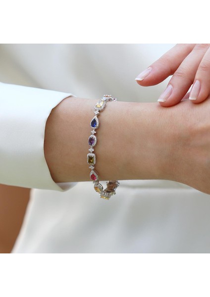 Damla Çiçek Renkli Zirkon Taşlı Gümüş Bileklik