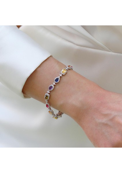 Damla Çiçek Renkli Zirkon Taşlı Gümüş Bileklik fiyatları