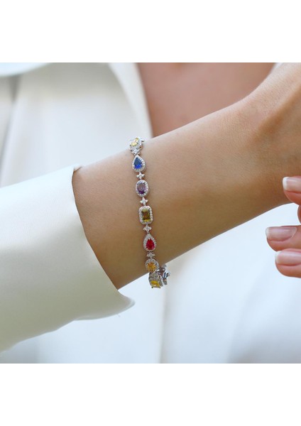Damla Çiçek Renkli Zirkon Taşlı Gümüş Bileklik modelleri