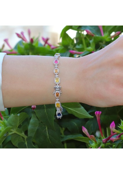 Damla Çiçek Renkli Zirkon Taşlı Gümüş Bileklik fırsatları