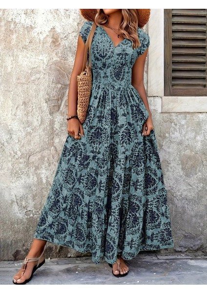 Kadın Kısa Kollu Kruvaze Yaka Beli Lastikli Süprem Maksi Boy Elbise fiyatları