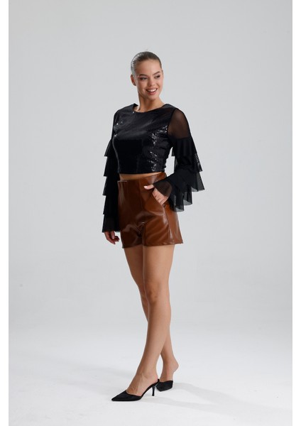 Suni Deri Yüksek Bel Şort | ŞRT34533 Taba modelleri